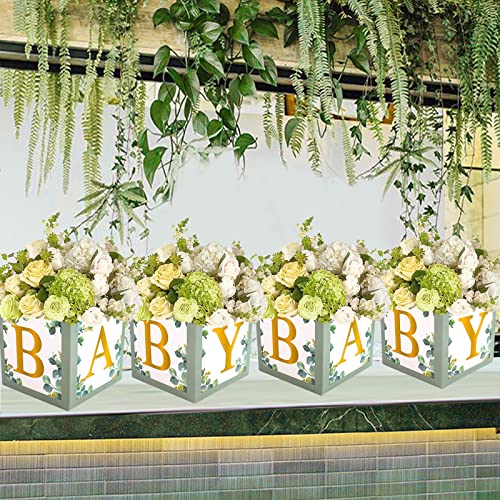 Baby Shower Centerpiece Baby Blocks Decoration -4 Sage Green Baby Flower Boxes for Table Centerpiece,Green Baby Balloon Boxes with Letters for Boy Girl Birthday Backdrop, Baby Shower Gender Reveal