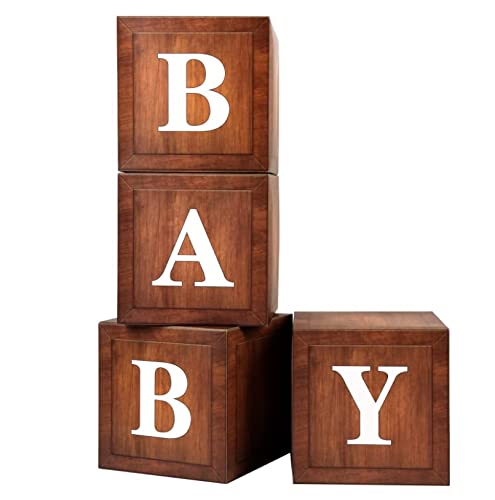 Wood Baby Shower Boxes for Birthday Party Decorations - 4 Wood Grain Brown Blocks with Printed BABY Letters, Gender Reveal Backdrop,Teddy Bear Baby Shower Supplies, First Birthday Centerpiece Decor