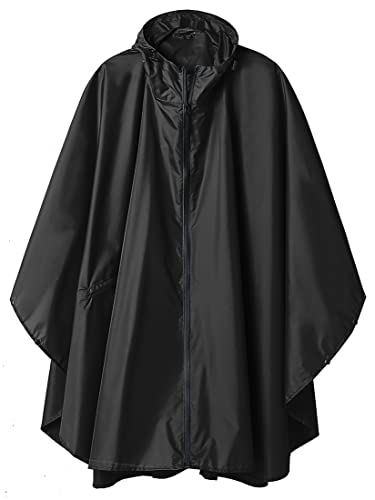 SaphiRose Rain Poncho Jacket Coat Hooded for Adults with Pockets (Black)