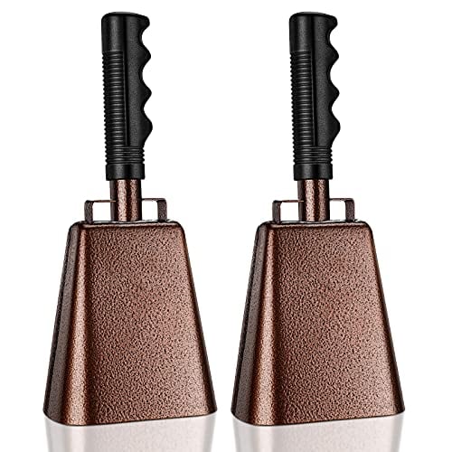 2 Pieces 10 Inch Steel Cowbell with Handle Cheering Bell for Sports Games Events Large Solid School Bells Metal Noise Maker Loud Percussion Musical Instrument Call Bell Alarm (White)