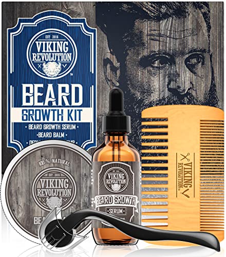 Beard Growth Kit for Men, Beard Growing Kit & Mustache Growth Kit, Beard Roller Kit - Includes Beard Growth Oil Balm, Derma Roller Accessory, Beard Growth Serum & Wooden Double Sided Comb