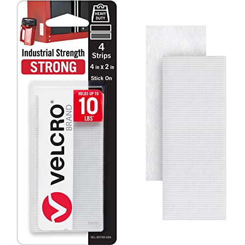 VELCRO Brand Heavy Duty Hook and Loop Strips with Adhesive | 4x2 Inch Wide Strong Fasteners, 4 Sets | Holds 10 lbs | Stick-On Back | White Industrial Strength | VEL-30759-USA