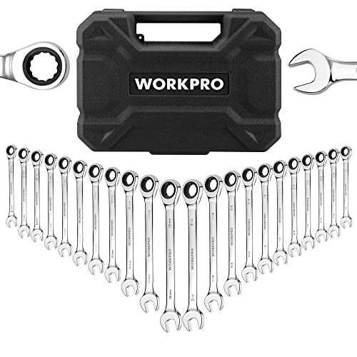 WORKPRO 22-Piece Ratcheting Combination Wrench Set, 72 Teeth, Combo Ratchet Wrenches Set with Organizer Box, Metric 6-18mm & SAE 1/4-3/4"