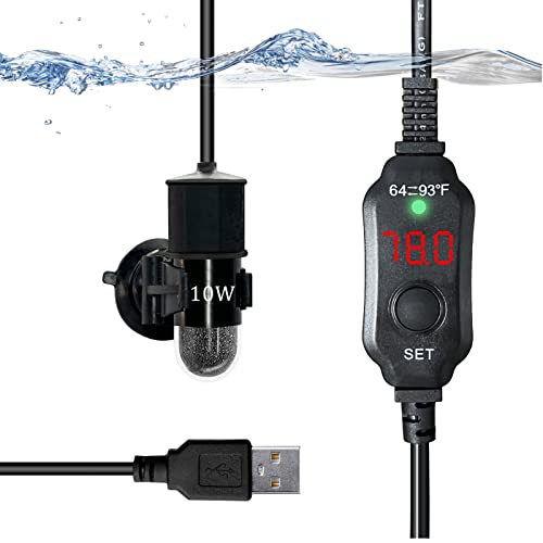 auomii 10/20/30W Mini Submersible Aquarium Heater, External Temperature Controller, LED Display, Used for 1-3 Gallons Fish Tank, (10W USB)