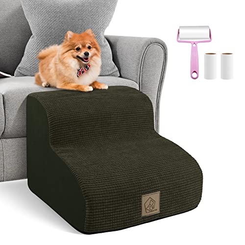 2-Tiers High Density Foam Stairs for Dogs and Cats,Gentle Slope Ramp Steps Stairs for Indoor Small Short Leg Dogs,Nonslip Bottom Washable Fabric Cover,1 pcs Lint Roller with 2 Refills,Brownish-Green