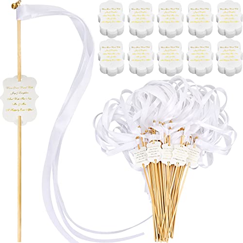 100 Set Ribbon Stick Wands with Bells and Wedding Wand Favor Tags Wedding Wands Wedding Send Off Items Ribbon Streamer Silk Fairy Stick Wand Tags for Party Holiday Celebration Decors (White)