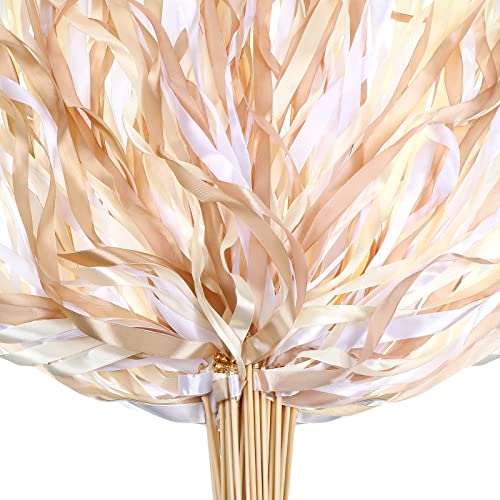 60 Pieces Ribbon Sticks Mix Color Fairy Wands with Bells and Smooth Wood Sticks for Wedding, Birthday Party Props Baby Showers Decor Holiday Celebration (White, Light Brown, Champagne Color)