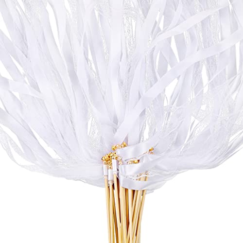 150 Pcs Lace Ribbon Stick Wands Wedding Wand Streamers with Bell Silk Ribbon Fairy Wand Wedding Send Off Streamer for Wedding Party Favors Baby Shower Holiday Celebration (White)