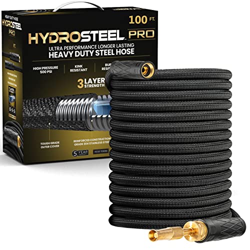 Hydrosteel Pro 100 Ft Garden Hose, 304 Stainless Steel Metal Water Hose 100Ft, Heavy Duty, Ultra Durable Flexible Lightweight Crush Resistant Fittings Kink & Tangle Free 500 PSI AS SEEN ON TV