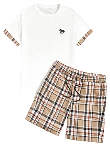 GORGLITTER Men's Plaid Print Casual Short Sleeve T Shirts and Shorts Tracksuit Set White and Khaki Medium