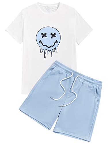 Floerns Men's Graphic Print T Shirt Drawstring Waist Shorts Set 2 Piece Outfit Blue and White M