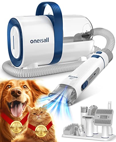 oneisall Dog Hair Vacuum & Dog Grooming Kit, Pet Grooming Vacuum with Nail Grinder, 1.5L Dust Cup Dog Brush Vacuum with 7 Pet Grooming Tools for Shedding Pet Hair, Home and Car Cleaning (Blue)