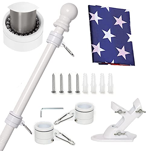 AMOSSO 6FT House Flag Pole Kit, Extra Thick Tangle Free Spinning Metal Outdoor Flagpole with Built-in Ball Bearing Rings, Aluminum Bracket,3x5 American Flag, for Porch Residential & Commerical, White