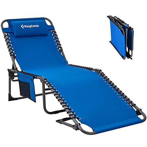 KingCamp Outdoor Chaise Lounge Chair, Portable Adjustable Tri-fold Lay Flat Lounge Chair for Outside Patio Beach Sunbathing Tanning Pool, Camping Reclining Chair with Shoulder Strap and Pillow, Blue