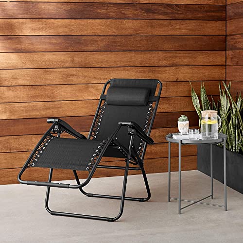 Amazon Basics Outdoor Textilene Adjustable Zero Gravity Folding Reclining Lounge Chair with Pillow, Black, 31.5"D x 26"W x 33.9"H