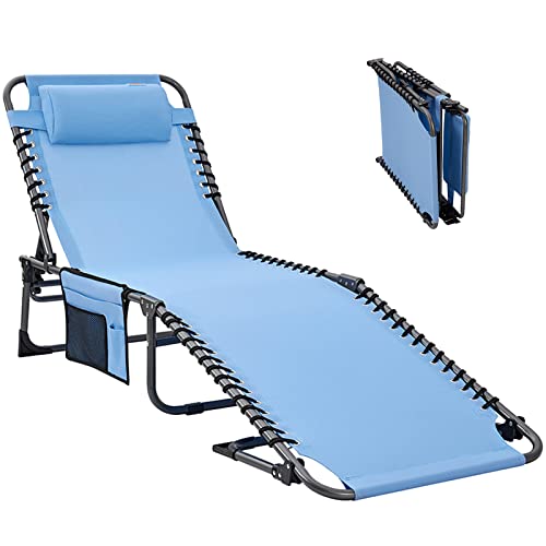 #WEJOY Folding Chaise Lounge Chair for Beach, Sunbathing, Tanning, Pool, Portable 5-Position Adjustable Lounge Chair for Outside Patio, Lawn, Camping Reclining Chair with Pillow Sidepocket, Lightblue