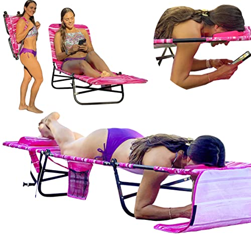 EasyGo Product FLIP Face Down Tanning Chair Lounger with Face & Arm Holes-Polyester Material  Multiple Backrest Positions-Head Rest Pillow-Beach or Home Use-PATENTS Pending, Pink