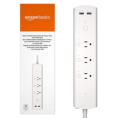 Amazon Basics Smart Plug Power Strip, Surge Protector with 3 Individually Controlled Outlets and 2 USB Ports, 2.4 GHz Wi-Fi, Works with Alexa