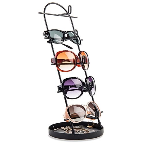 MyGift Modern Black Metal 5-Tier Sunglasses Display Stand with Jewelry Tray, Retail Eyewear Holder