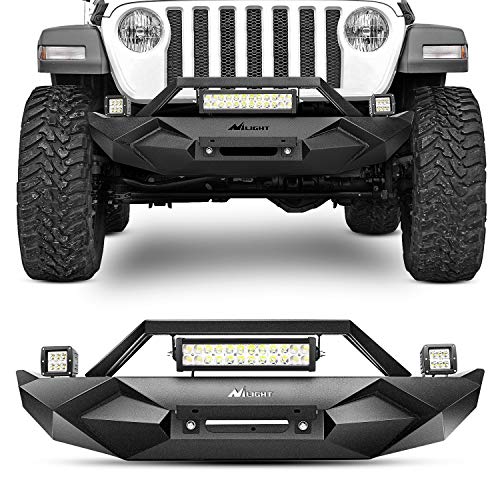 Nilight Front Bumper w/Winch Plate Compatible for 2018 2019 2020 2021 2022 2023 Jeep Wrangler JL with 72W LED light bar 2 x 18W LED Work Light Pod License plate bracket,2 Years Warranty