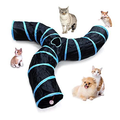 Cat Toys, 3 Hole Collapsible Cat Tunnels with Bell Pet Play Tunnel Bag for Cats, Puppy, Rabbits, Ferret, Guinea Pig