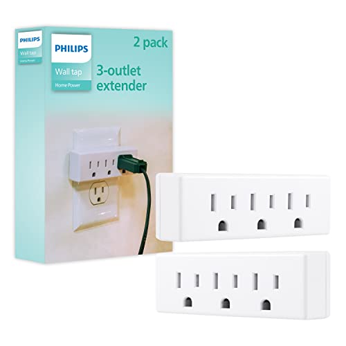 PHILIPS 3-Outlet Extender, 2 Pack, Grounded Wall Tap Adapter, 3-Prong, Power Splitter, 120VAC/15A/1875W, UL Listed, White, SPS1630W/37