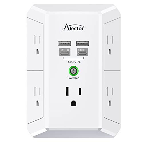 USB-C Multi Plug Outlet Extender - ALESTOR 3 Sided Surge Protector Power Strip Wall Adapter Spaced with 5-Outlet Splitter and 4 USB Ports(2 USB C Ports) for Home, Office, ETL Listed, White