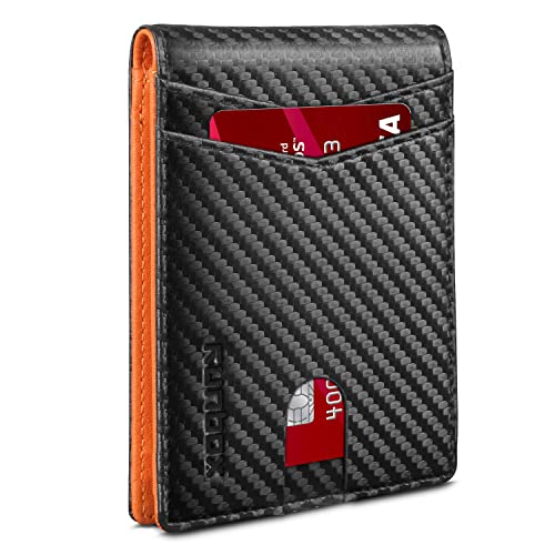 RUNBOX Slim Wallets for Men with RFID Blocking & Minimalist Mens Front Pocket Wallet Leather Black&inner Orange