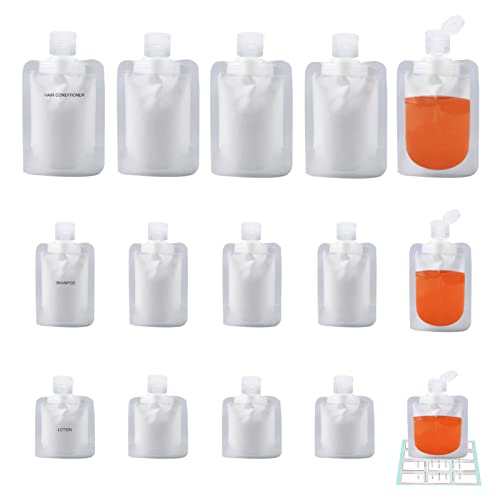 15 PCS Travel Size Refillable Empty Squeeze Pouch TSA Approved Refillable Travel Pouches Portable Travel Fluid Makeup Packing Bag Travel Containers for Shampoo Conditioner Cosmetics (30ml/50ml/100ml)