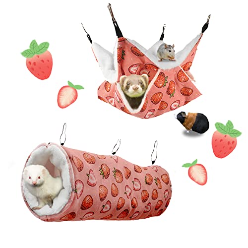 LYART Guinea Pig Rat Ferret Hammock and Warm Bed Small Pet Hideout Tunnel Cave Hanging Bunkbed Hammock Cage Toy for Hamster Sugar Glider Squirrel (3.Hammock & Tunnel)