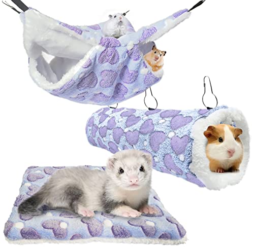 Small Pet Cage Hammock Set Ferret Hanging Guinea Pig Hideout Mattress Tunnel for Squirrel Hamsters Pigs Chinchillas Animals by POKHDYE, Heart Purple, 3pcs Large