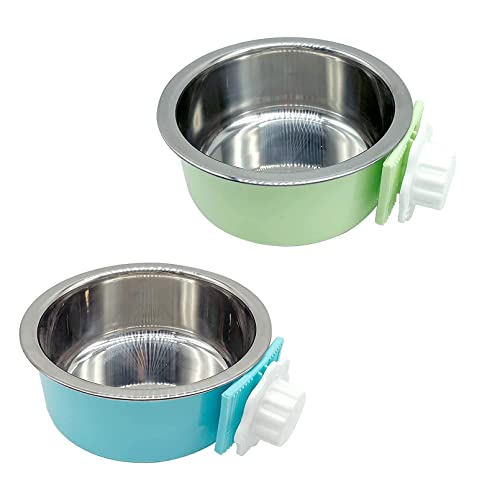 Tfwadmx Crate Dog Bowl Cat Removable Stainless Steel Food and Water Feeder Hanging Cage Bowls Coop Cup with Cleaning Set for Pet Puppy Bird Rat Guinea Pig Ferret Bunny Rabbit 2Pcs
