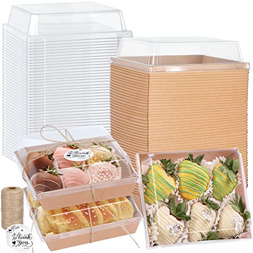 60 Pack Charcuterie Boxes with Clear Secure Lids, 5 Inches Kraft Paper Cake Boxes Cookie Square Boxes with Windows, Disposable Food Containers for Strawberry Dessert, Cheese Cake, Sandwich (Brown-60)