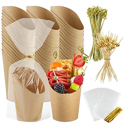 Ocmoiy 50Sets Disposable Charcuterie Cups with Sticks and Bags, 14 oz Kraft Paper Snack Boxes Individual Party Serving cups with Cocktail Skewers for Appetizers (50 Cups + 200 Picks + 50 Bags)