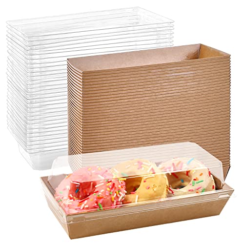 Ocmoiy 50 Pack Paper Charcuterie Boxes with Clear Secure Lids, 7.5 inches Long Disposable Dessert Containers Brown Kraft Bakery Boxes for Chocolate Covered Strawberries, Cupcakes, Cookies, Hot Cocoa Bombs, Sandwich