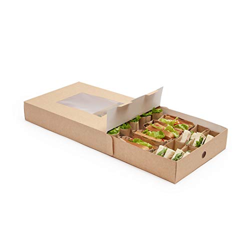 Slide Tek 17.7 x 12.2 x 3.2 Inch Catering Trays, 10 Grease-Resistant Catering Boxes - Cover With Window Included, Side Lock, Kraft Paper Catering Food Containers, Recyclable, Inserts Sold Separately