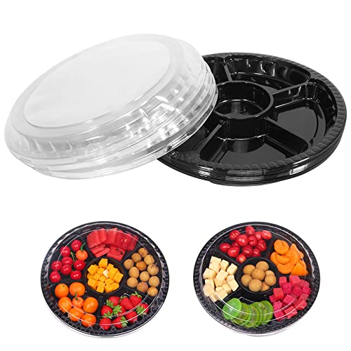 10 Pcs Round Plastic Appetizer Tray with Lid Divided Serving Tray, Disposable Food Storage Containers, Plastic Tray Storage, Kids Snack, Fruit Platter Vegetable Trays for Party and Buffet