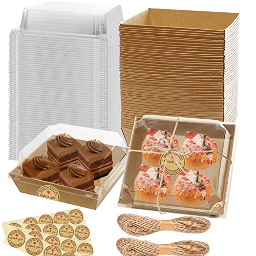 CAYOREPO 100 Pack Paper Charcuterie Boxes with Clear Lids, Brown Square Disposable Sandwich Paper Boxes Roll Cake Box for Sandwich, Slice Cake, Cookies, Cake Slice and Cookies