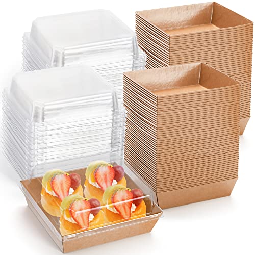 Hiceeden 100 Pack Charcuterie Boxes with Clear Lids, 5.5"4.9"2.4" Paper Bakery Dessert Sandwich Box, Disposable Square Food Containers for Cookies, Donuts, Muffins, Salad, and Pastry, Brown