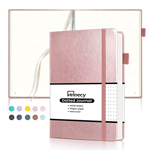 Annecy Numbered Bullet Dotted Journal Notebook, Medium 5.5x 8.25, 160 Pages 100GSM Writing Paper, A5 Rose Gold Faux Leather Cover with Pen Loop