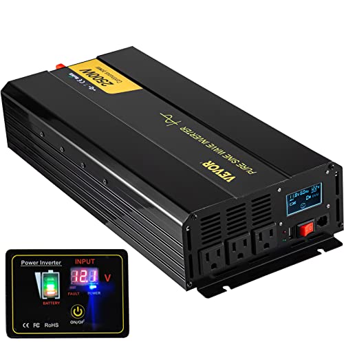 VEVOR Pure Sine Wave Inverter, 2500 Watt Power Inverter, DC 12V to AC 120V Car Inverter, with USB Port, LCD Display, and Remote Controller Power Converter, for RV Truck Car Solar System Travel Camping