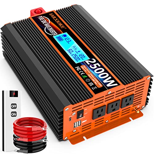 2500 Watt Pure Sine Wave Power Inverter 12V DC to 110V 120V Converter for Family RV Off Grid Solar System Car with Type-C Ports 3 AC Power Outlets Dual USB Ports LCD Display Wireless Remote Control