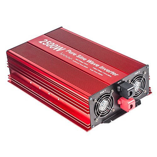 2500W Pure Sine Wave Inverter 12V to 120V AC with 2 AC outlets, DC5V 2 Amp USB Output, LCD Display Wire Remote kit and Heavy Duty Battery Cables.