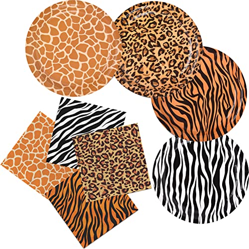 Jungle Zoo Animal Print Party Supplies, Disposable Jungle Safari Animal Print Paper Plates and Napkins for Birthday Party, Baby Shower and Jungle Safari Themed Party, Serve 48