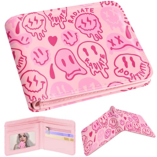 Funermei Cute Wallet for Teen Girls Women Smiley Face Leather Bifold Wallet Aesthetic Funny Pink Smile Credit Card Holder RFID Id Cash Slim Small Bi-fold Wallets with Coin Pocket for Little Girl