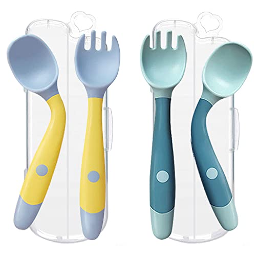 Toddler Utensils with travel case, Baby spoon and fork set for self-feeding Learning Bendable handle silverware for kid children (2 set, yellow&green)