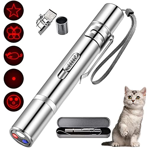 ANYTEC Cat Toys,7 in 1 Function Interactive Cat Toys 3 Lights Modes Led Pointer Cute Kitten Toys for Indoor Cats,Funny Pet Chaser Toy Exercising Training Tool for Cat(Sliver Iron Box Packaging)