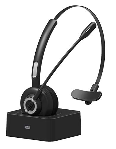 Friencity Trucker Bluetooth Headset for Cell Phones, Wireless Office Headset with Noise Cancelling Microphone, On Ear Headphones for PC Skype Call Center, Charging Base,17h Talk Time, Mute Button