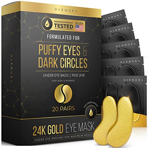 DERMORA 24K Gold Eye Mask 20 Pairs Eye Gels - Puffy Eyes and Dark Circles Treatments  Look Less Tired and Reduce Wrinkles and Fine Lines Undereye, Revitalize and Refresh Your Skin