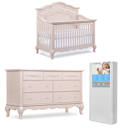 Evolur Aurora 5-in-1 Convertible Crib & Double Dresser with Free 260 Coil Crib and Toddler Mattress